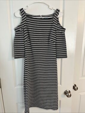 Black & White Striped Cold-Shoulder Midi Dress-Stretch